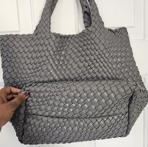 Faux Leather Gray Woven Tote Bag - Picture 2 of 3